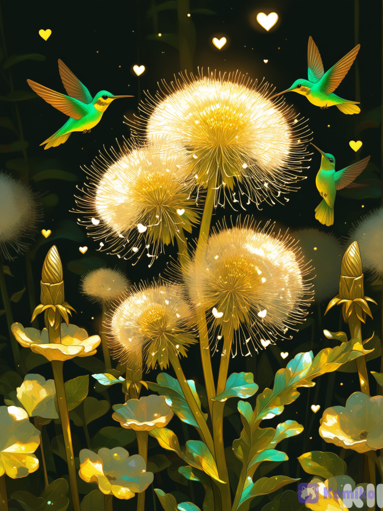 Pétalos de corazón, planta diente de león pétalos de corazón, flores con forma de pétalos de corazón, reflejos de oro, colibríes con colores de joyas egipcia, detalles realistas[sweet-painting-style]