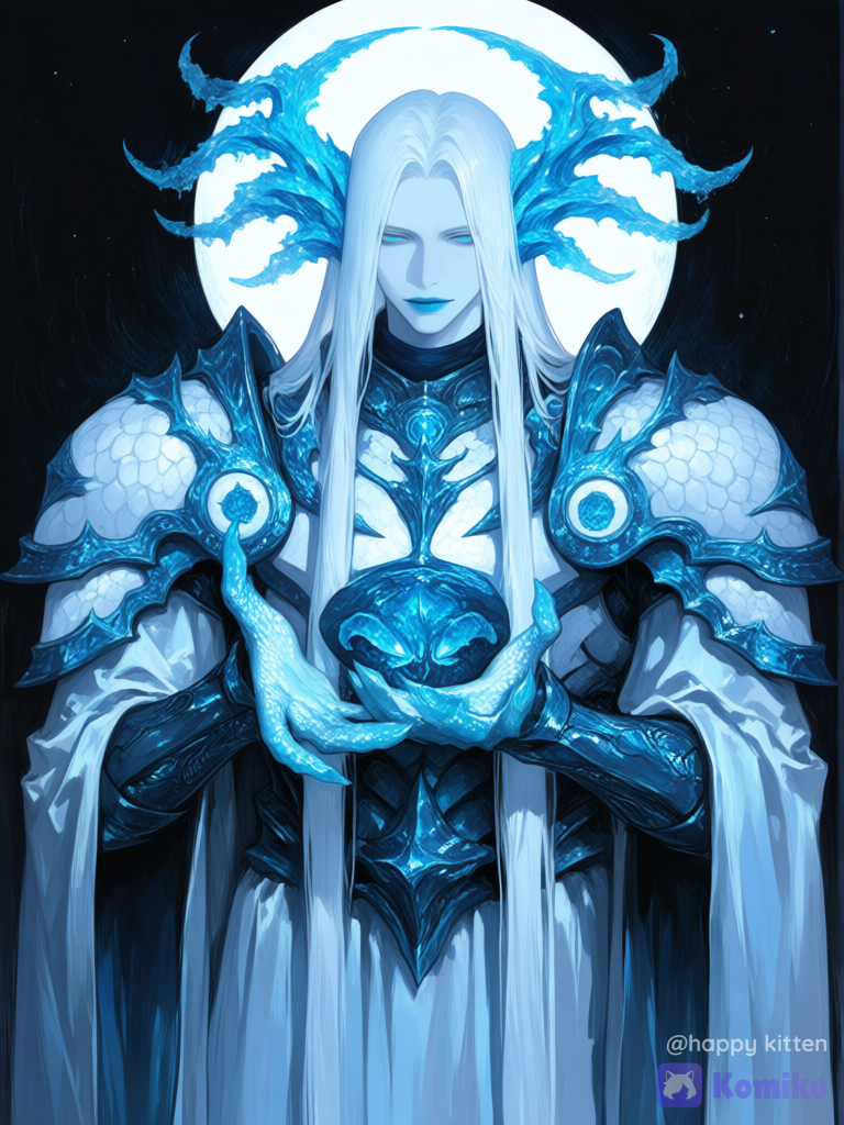 1boy, white skin, white hair, blue lips, blue eyes, full moon, moonlight, armor, white armor, biological armor, scales, organic armor, flesh armor, power armor, white robe, alien, limited palette, [sweet-painting-style]