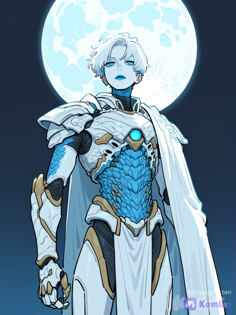 1boy, white skin, white hair, blue lips, blue eyes, full moon, moonlight, armor, white armor, biological armor, scales, organic armor, flesh armor, power armor, white robe, alien, [flat-pastel-style]