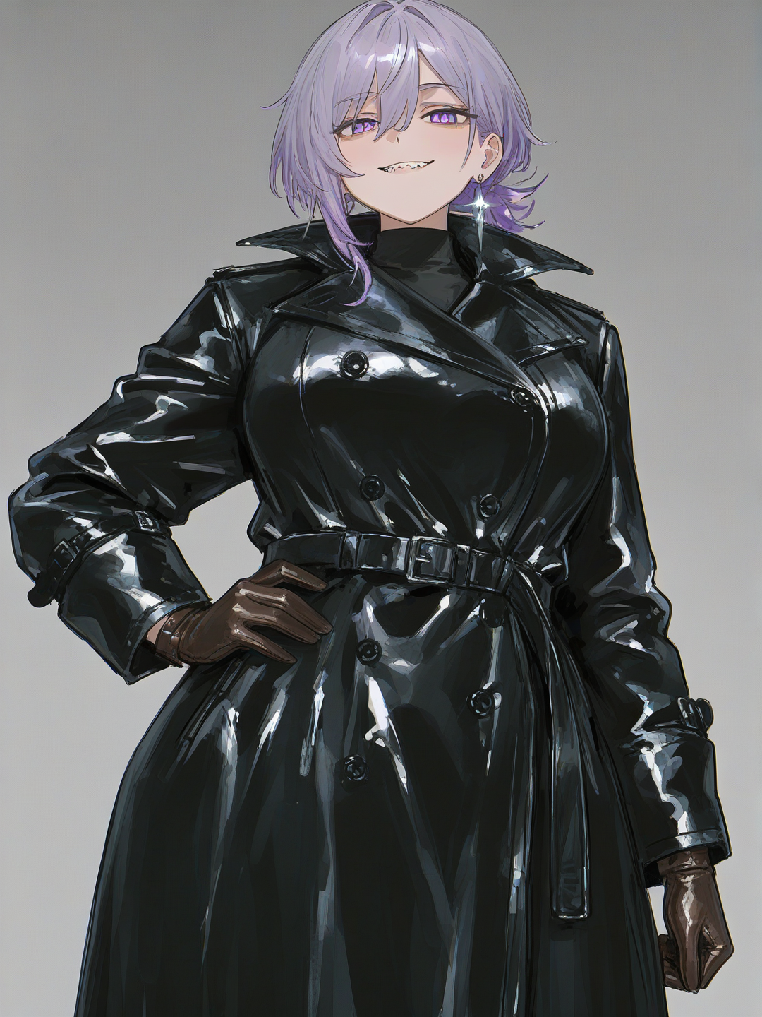 [sensual-glossy-style]1girl, Silver, slightly windswept hair, piercing indigo eyes, sharp jawline, gentle smile, lean athletic build, stylish dark trench coat, fine leather gloves, elegant silver earring, confident graceful posture, anime coloring, mature, curvy
