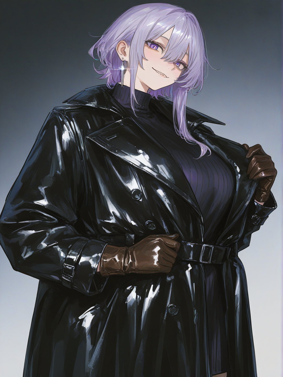 [sensual-glossy-style]1girl, Silver, slightly windswept hair, piercing indigo eyes, sharp jawline, gentle smile, lean athletic build, stylish dark trench coat, fine leather gloves, elegant silver earring, confident graceful posture, anime coloring, mature, curvy
