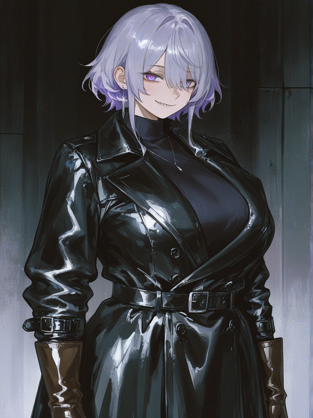 [sensual-glossy-style]1girl, Silver, slightly windswept hair, piercing indigo eyes, sharp jawline, gentle smile, lean athletic build, stylish dark trench coat, fine leather gloves, elegant silver earring, confident graceful posture, anime coloring, mature, curvy