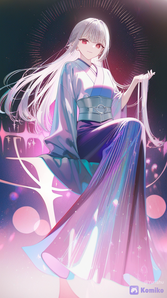 1boy, solo, sitting cross-legged, kimono top, upper body, shimmering art style, iridescent light reflections, soft glow, glossy shading, delicate linework, luminous highlights, shimmering light reflections[iridescent-style], 1boy, 1girl, 2people, holding hair, corset top, full body, headshot