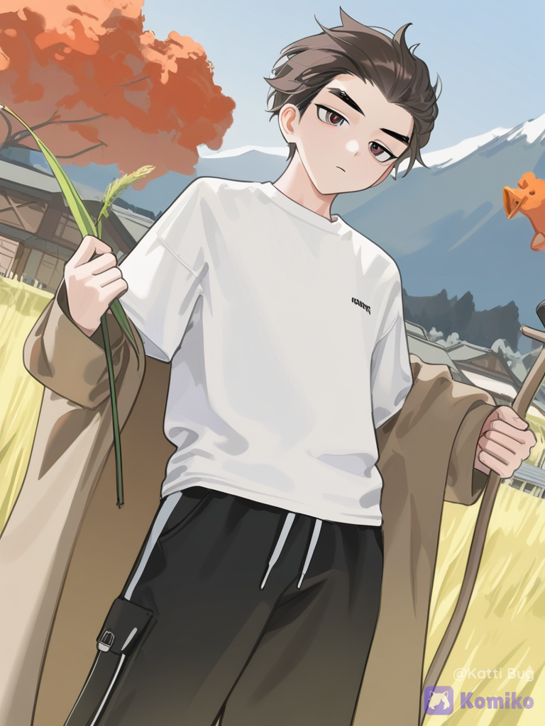 [crystal-edge-style], 1boy, short, teen, dark brown hair, short hair, black eyebrows, tousled hair, slicked-back hair, brown eyes, dark brown duck wings, holds a large leek stalk, long coat, t-shirt, wide-leg pants, mountain village