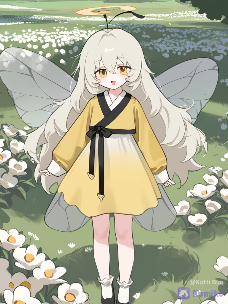 [crystal-edge-style], 1girl, bee wings, yellow-brown colored eyes, shoulder length hair, yellow with white undertones hair, hanfu top, layer skirt, messy hair, tousled hair, garden, flower field