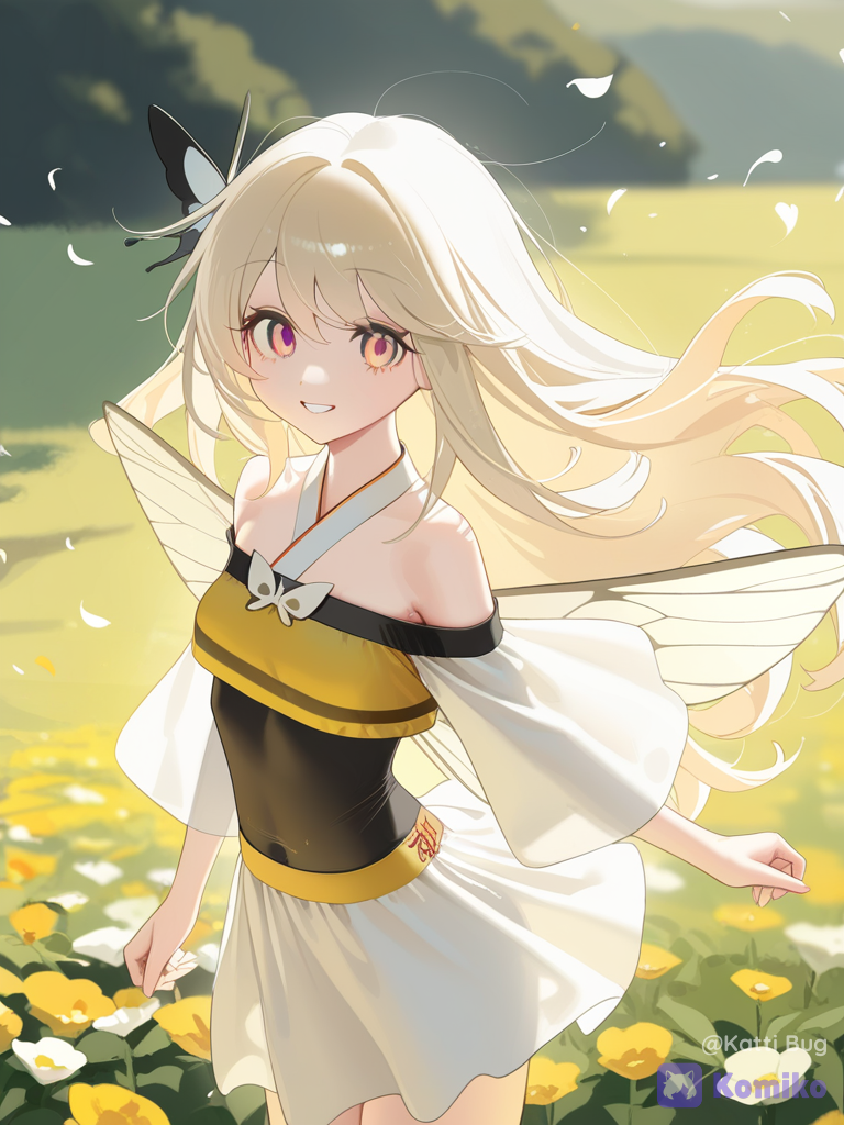 [crystal-edge-style], 1girl, bee wings, yellow-brown colored eyes, shoulder length hair, yellow with white undertones hair, hanfu top, layer skirt, messy hair, tousled hair, garden, flower field