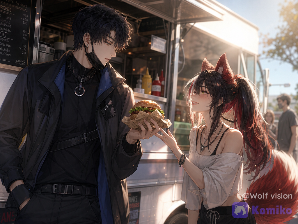 score_7, (couple focus,a couple), ((digital illustration in manhwa style)), ),captivating and mysterious.The style is a blend of modern and, conveying a mood of street art and allure . The lighting is dramatic, with strong rim lighting highlighting her features, casting deep shadows and creating an ethereal, almost otherworldly atmosphere. The color palette is dominated by deep blacks and striking reds. The scene evokes a sense of friends, simple, and alluring fun. The composition is a close-up portrait with a shallow depth of field, focusing on the man and her immediate surroundings, with bokeh effects enhancing the dreamlike quality. Cinematic lighting, high detail, dramatic., suntlight, volumetric lighting, @shura-2OwD,send a burger to her, glowing jade eyes, jet black hair, smile and friendship and intimate atmosphere, long eyelashes, suntlight, volumetric lighting, @bell-g4Ca,catch the burger, casual clothes,long hair red and white ponytail, fluffly wolf red tail,smile, breathtaking atmosphere 8K resolution, vibrant colors, fantasy aesthetic, cinematic fantasy look, high detail, ultra-realistic, ethereal style, delicate softness, poetic lighting, modern digital painting aesthetic, Muted soft colors, old lighting, street style fashion, depth of field, wallpaper, glowing particles, un foodtruck en plein milieux de journée