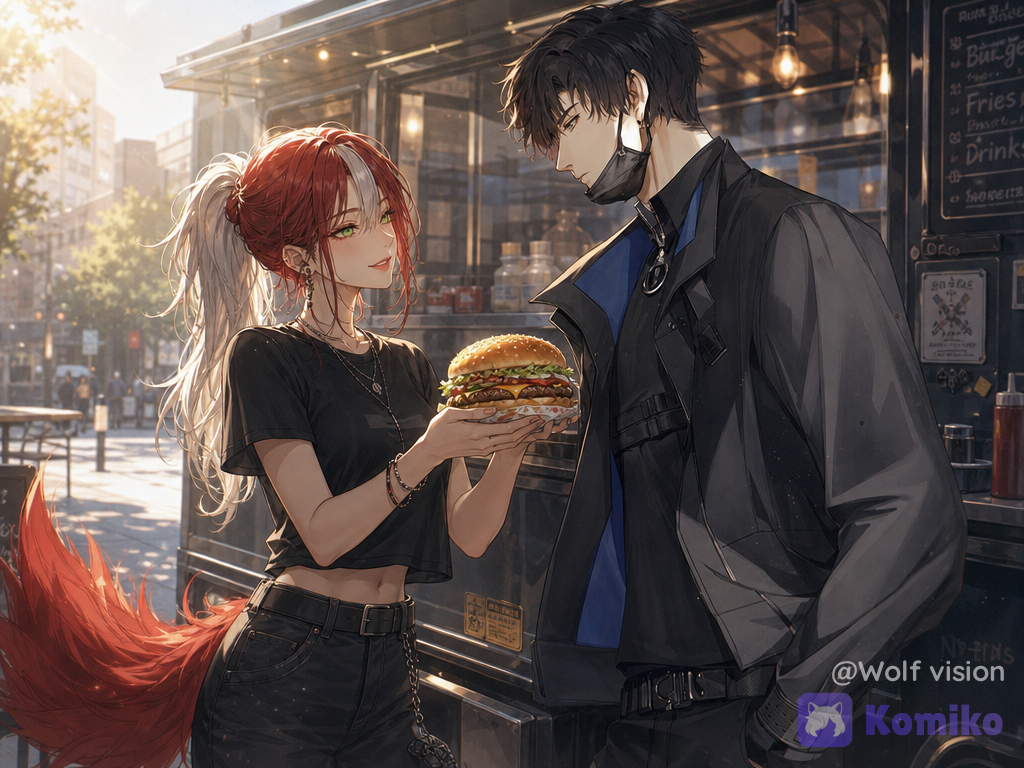 score_7, (couple focus,a couple), ((digital illustration in manhwa style)), ),captivating and mysterious.The style is a blend of modern and, conveying a mood of street art and allure . The lighting is dramatic, with strong rim lighting highlighting her features, casting deep shadows and creating an ethereal, almost otherworldly atmosphere. The color palette is dominated by deep blacks and striking reds. The scene evokes a sense of friends, simple, and alluring fun. The composition is a close-up portrait with a shallow depth of field, focusing on the man and her immediate surroundings, with bokeh effects enhancing the dreamlike quality. Cinematic lighting, high detail, dramatic., suntlight, volumetric lighting, @shura-2OwD,send a burger to her, glowing jade eyes, jet black hair, smile and friendship and intimate atmosphere, long eyelashes, suntlight, volumetric lighting, @bell-g4Ca,catch the burger, casual clothes,redhead and white hairponytail, fluffly wolf red tail,smile, breathtaking atmosphere 8K resolution, vibrant colors, fantasy aesthetic, cinematic fantasy look, high detail, ultra-realistic, ethereal style, delicate softness, poetic lighting, modern digital painting aesthetic, Muted soft colors, old lighting, street style fashion, depth of field, wallpaper, glowing particles, un foodtruck en plein milieux de journée