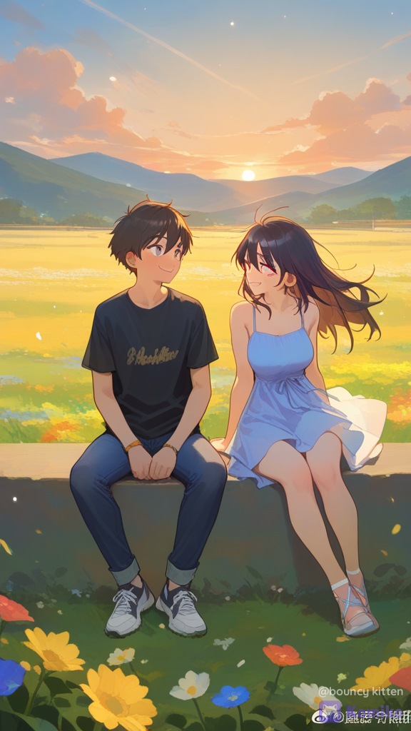 [soft-shading-style], anime screencap, anime screencap, anime screencap, anime screencap, anime screencap, anime screencap, anime screencap, anime screencap, anime screencap, anime screencap, Create a stunning high-quality anime illustration of a teenage boy and girl who share a beautiful, pure friendship. They are sitting together on a peaceful hilltop during golden sunset, smiling and talking naturally like best friends. The boy is wearing a stylish casual outfit and the girl is wearing a beautiful pastel-colored dress. Gentle wind moves their hair and clothes, with glowing sunset rays, soft clouds, tiny sparkling particles, colorful wildflowers and distant mountains in the background. Warm cinematic lighting, expressive eyes, anime faces, beautiful hair, natural poses, emotional friendship atmosphere, gorgeous background, soft depth of field, ultra-clean artwork, professional anime movie quality, vertical 9:16 composition, no text, no watermark.