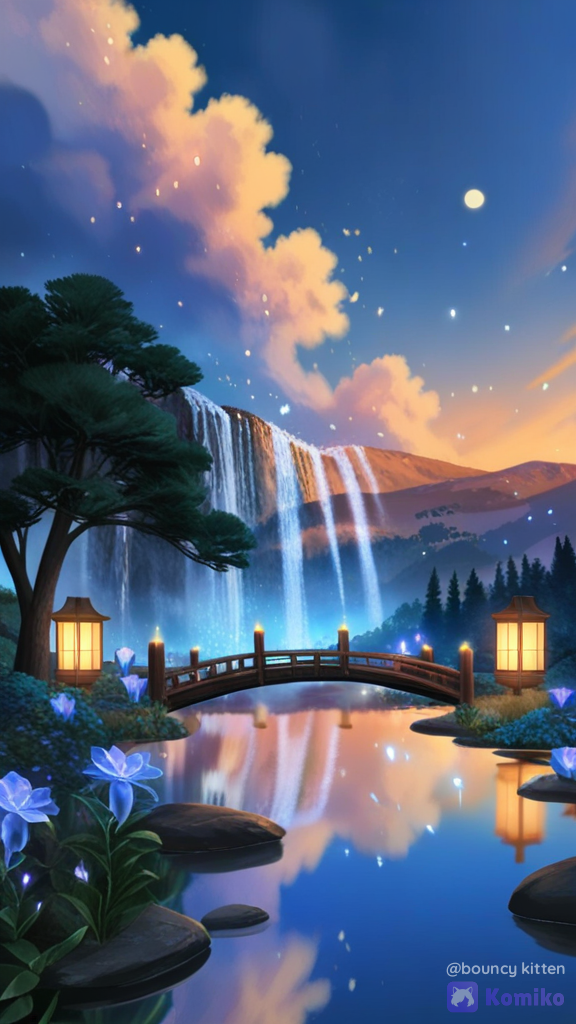 [radiant-cg-style], Create a stunning ORIGINAL anime-style fantasy artwork specifically designed as a highly eye-catching Instagram 4:5 portrait post. Scene: A breathtaking secret anime world at golden-blue twilight. A magnificent glowing moon hangs above a dreamy mountain valley. In the center, a beautiful ancient wooden bridge crosses a crystal-clear river that reflects the moon and colorful evening sky. Hundreds of tiny warm lanterns line the bridge. Surround the river with vibrant flowers, soft glowing plants, tall elegant trees and floating luminous particles. In the distance, create majestic mountains covered in gentle mist and a spectacular waterfall illuminated by moonlight. Make the composition instantly attention-grabbing: strong central focal point, beautiful foreground details, cinematic depth, dramatic sky, glowing reflections on the water, delicate flower petals floating through the air, and subtle magical light everywhere. The artwork should feel peaceful, mysterious, emotional and magical—like discovering a secret world that viewers have never seen before. Make it beautiful enough to encourage viewers to stop scrolling, like, share and follow for more original anime artwork. NO humans.
NO anime characters.
NO existing fictional characters.
NO celebrities.
NO copyrighted characters.
NO text.
NO logos.
NO watermark. Premium modern anime aesthetic, extremely environment, cinematic lighting, gorgeous color harmony, crisp clean linework, foliage, realistic water reflections, atmospheric perspective, soft volumetric light, beautiful shadows, polished digital illustration, professional anime background art, ultra-high-resolution appearance, sharp details, quality. Instagram portrait 4:5 aspect ratio, vertical composition, artwork filling the entire frame, visually balanced composition, maximum detail and visual impact., full body