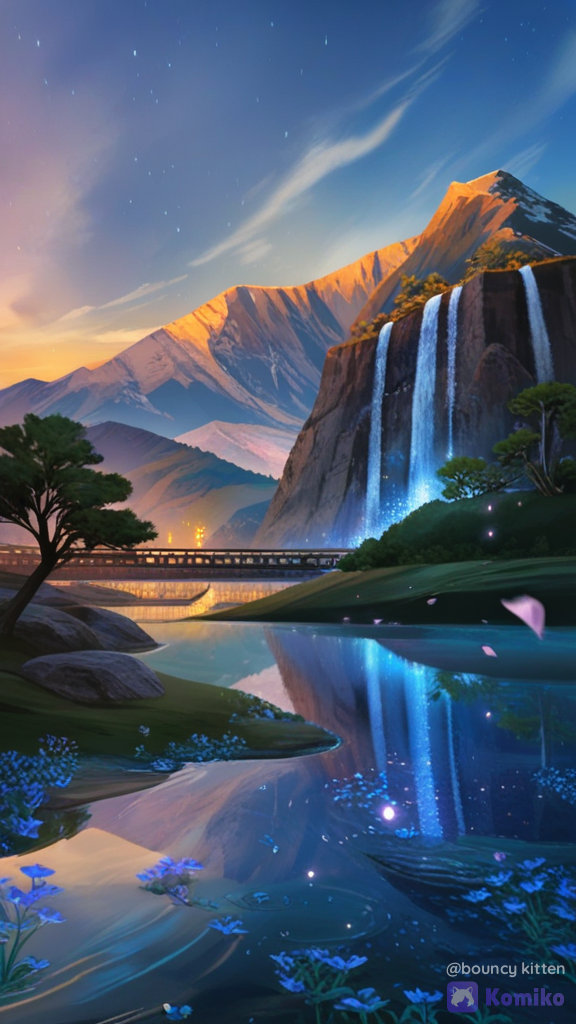 [radiant-cg-style], Create a stunning ORIGINAL anime-style fantasy artwork specifically designed as a highly eye-catching Instagram 4:5 portrait post. Scene: A breathtaking secret anime world at golden-blue twilight. A magnificent glowing moon hangs above a dreamy mountain valley. In the center, a beautiful ancient wooden bridge crosses a crystal-clear river that reflects the moon and colorful evening sky. Hundreds of tiny warm lanterns line the bridge. Surround the river with vibrant flowers, soft glowing plants, tall elegant trees and floating luminous particles. In the distance, create majestic mountains covered in gentle mist and a spectacular waterfall illuminated by moonlight. Make the composition instantly attention-grabbing: strong central focal point, beautiful foreground details, cinematic depth, dramatic sky, glowing reflections on the water, delicate flower petals floating through the air, and subtle magical light everywhere. The artwork should feel peaceful, mysterious, emotional and magical—like discovering a secret world that viewers have never seen before. Make it beautiful enough to encourage viewers to stop scrolling, like, share and follow for more original anime artwork. NO humans.
NO anime characters.
NO existing fictional characters.
NO celebrities.
NO copyrighted characters.
NO text.
NO logos.
NO watermark. Premium modern anime aesthetic, extremely environment, cinematic lighting, gorgeous color harmony, crisp clean linework, foliage, realistic water reflections, atmospheric perspective, soft volumetric light, beautiful shadows, polished digital illustration, professional anime background art, ultra-high-resolution appearance, sharp details, quality. Instagram portrait 4:5 aspect ratio, vertical composition, artwork filling the entire frame, visually balanced composition, maximum detail and visual impact., full body