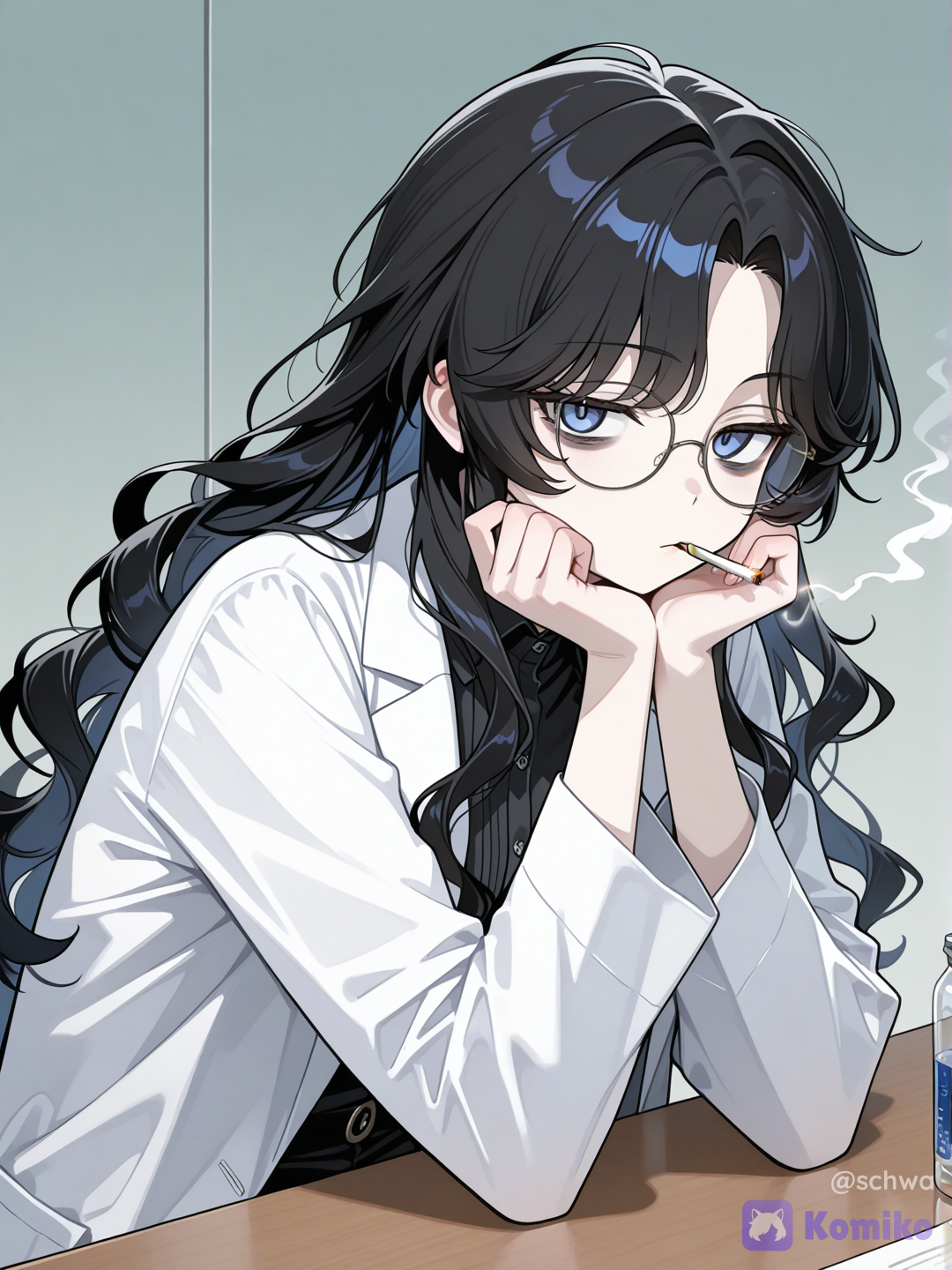 1girl, pale skin, black hair, shoulder-length hair, wavy hair, center-parted bangs, layered hair, sidelocks, light blue eyes, steel-rimmed glasses, slight bags under eyes, bored expression, lit cigarette in mouth, lab coat, black button-down, sitting at table, resting chin on hand, looking sidelong at viewer