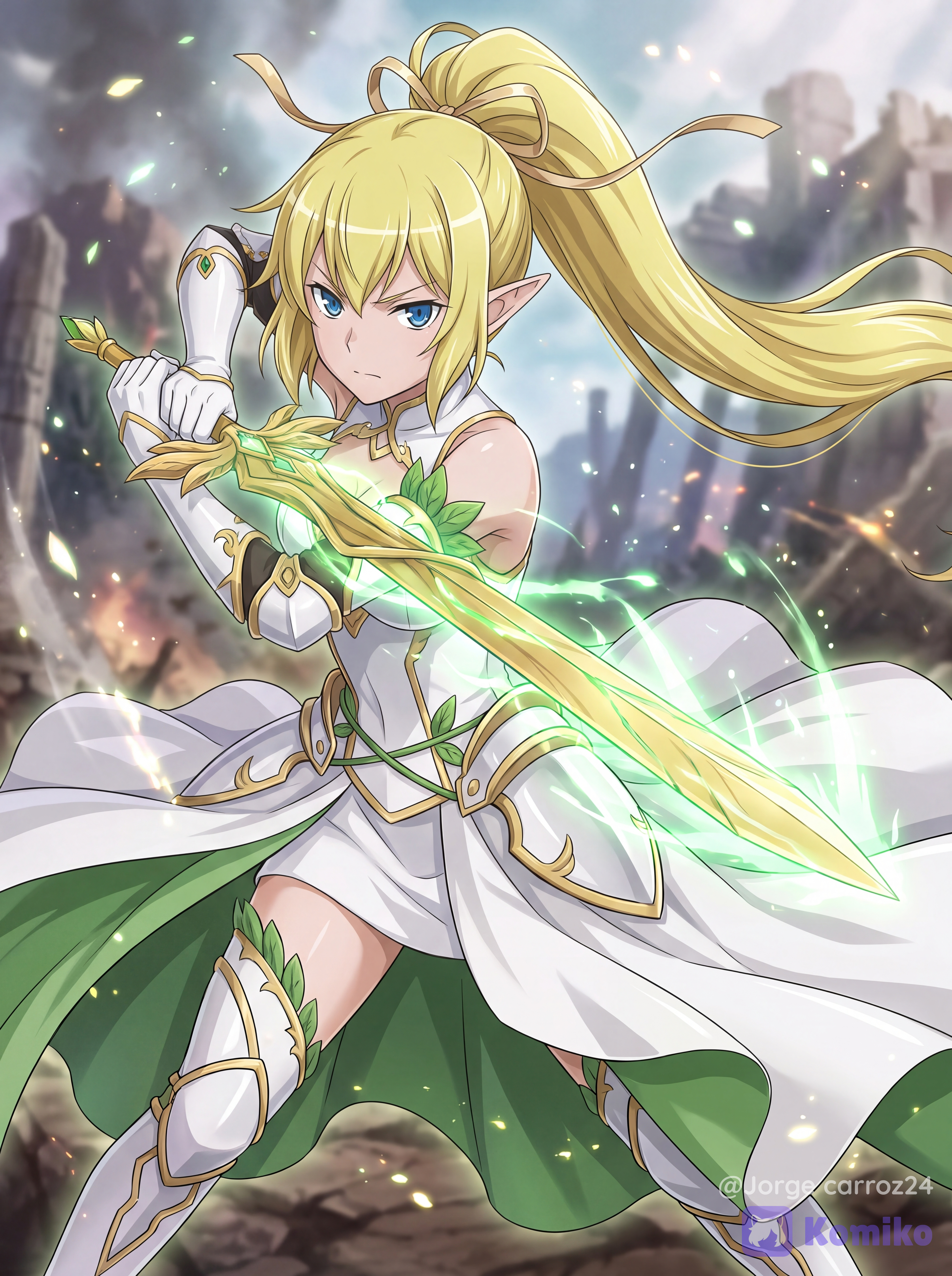 Based on the anime art style, create a character. Recreate Ryuu Lion (Danmachi), with blond hair tied in a ponytail, blue eyes, pointed ears, a ribbon in his hair, and a white ribbon. He wears a wedding dress as an adventurer's battle attire and wields a golden sword made from the wood of a sacred tree, creating an epic and dynamic scene.