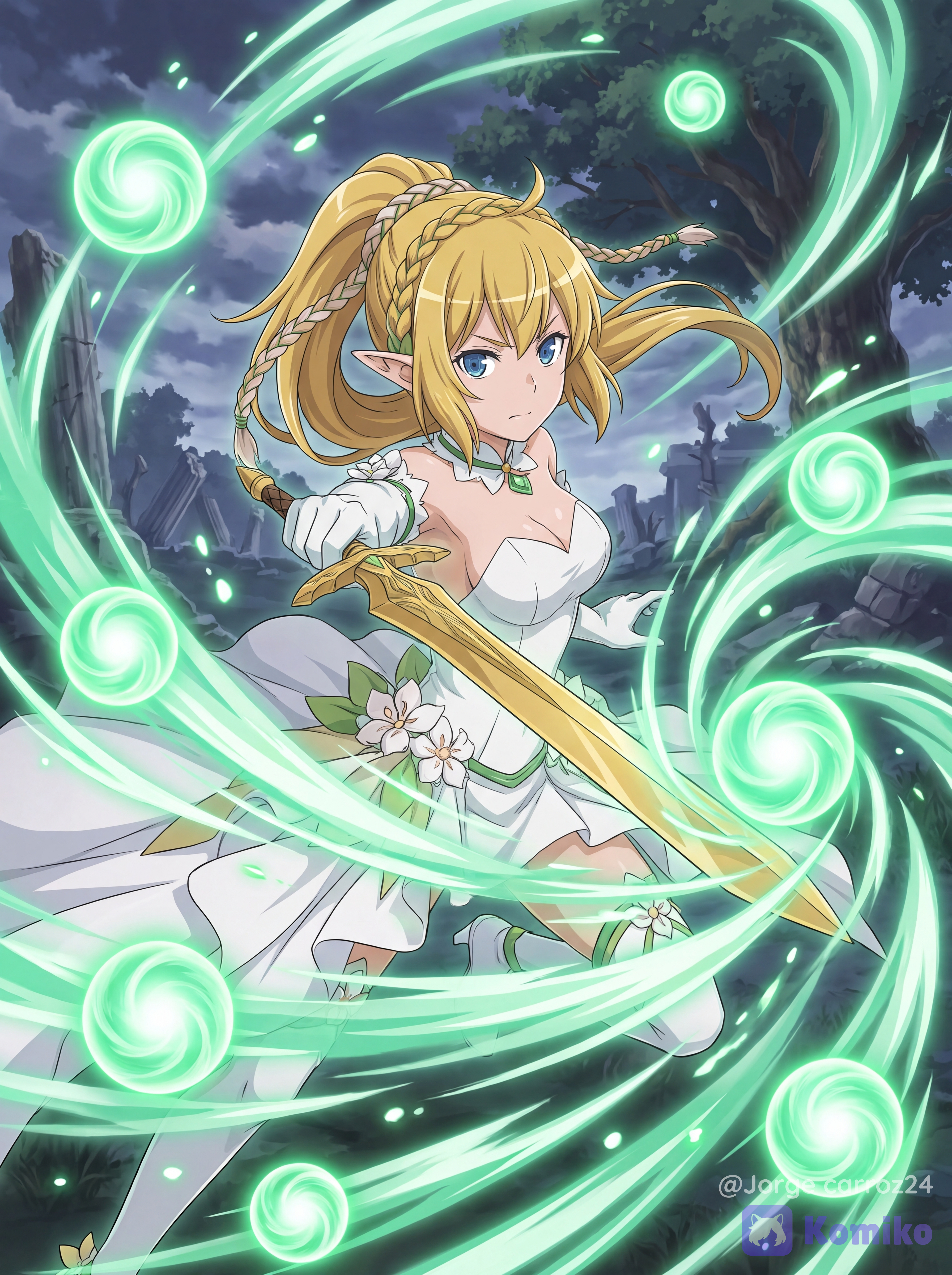 Based on the anime art style, create a character. Recreate Ryuu Lion (Danmachi), with blond hair tied in a ponytail, blue eyes, pointed ears, and a ribbon in his loose golden-blond hair. He wears a wedding dress as an adventurer's battle attire and wields a golden sword made from the wood of a sacred tree, pointing it forward while summoning green orbs of wind that float around him, creating an epic and dynamic scene.