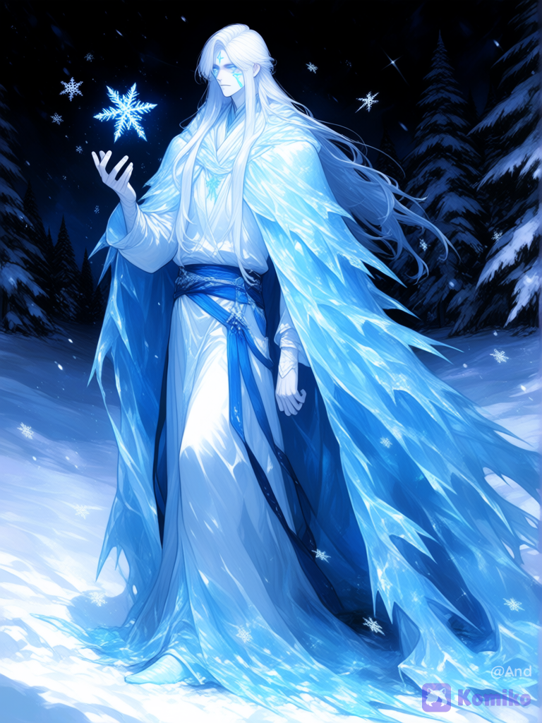 A ethereal and magical male personification of snow, a graceful young man with porcelain-pale skin, long flowing white hair like fresh powder snow, icy crystalline blue eyes, delicate frost patterns on his cheeks and forehead, wearing an elegant flowing cloak and robes made of translucent ice, snowflakes and silver frost that sparkles, standing gracefully in a serene winter landscape with soft falling snowflakes, pine trees covered in snow, cold blue and silver lighting, mystical atmosphere, highly fantasy art, cinematic composition, beautiful and serene, [vibrant-anime-male-style]