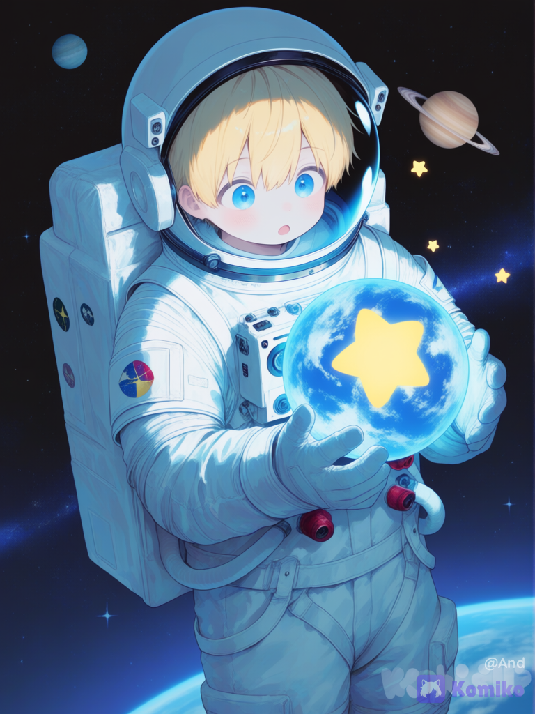 Un pequeño niño de unos 3 años rubio ojos azules, vestido de astronauta,flotando en el espacio,entre las manos pareciera tener una pequeña estrella y se ven algunos planetas a lo lejos, [sweet-pastel-style]