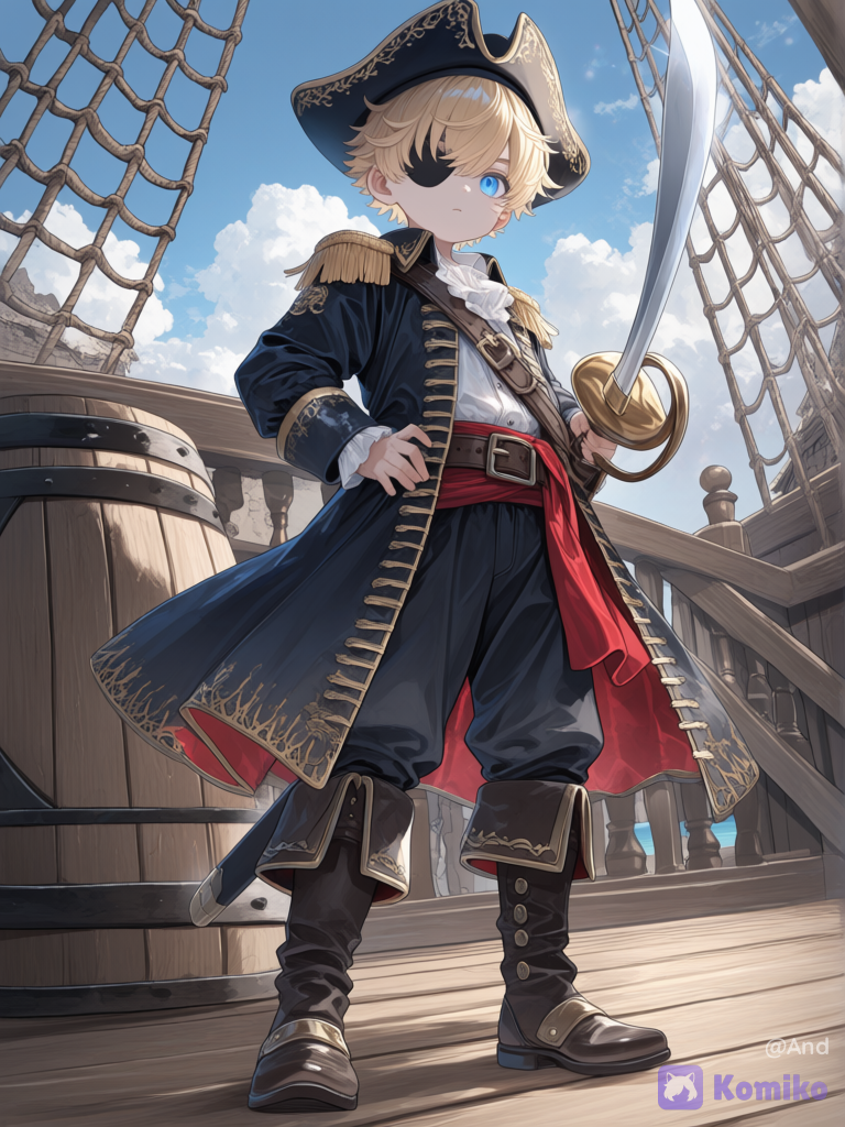 Un pequeño niño de unos 3 años rubio ojos azules, vestido de pirata con un parche en el ojo y una espada en su mano, [ethereal-fantasy-style]