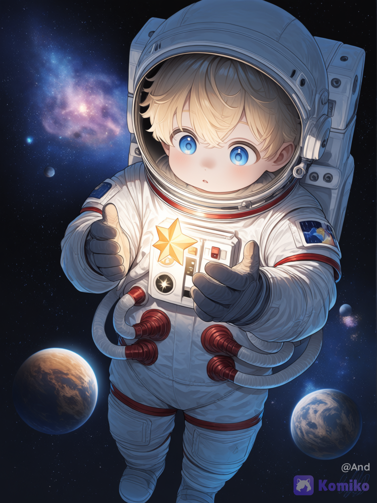 Un pequeño niño de unos 3 años rubio ojos azules, vestido de astronauta,flotando en el espacio,entre las manos pareciera tener una pequeña estrella y se ven algunos planetas a lo lejos, [ethereal-fantasy-style]