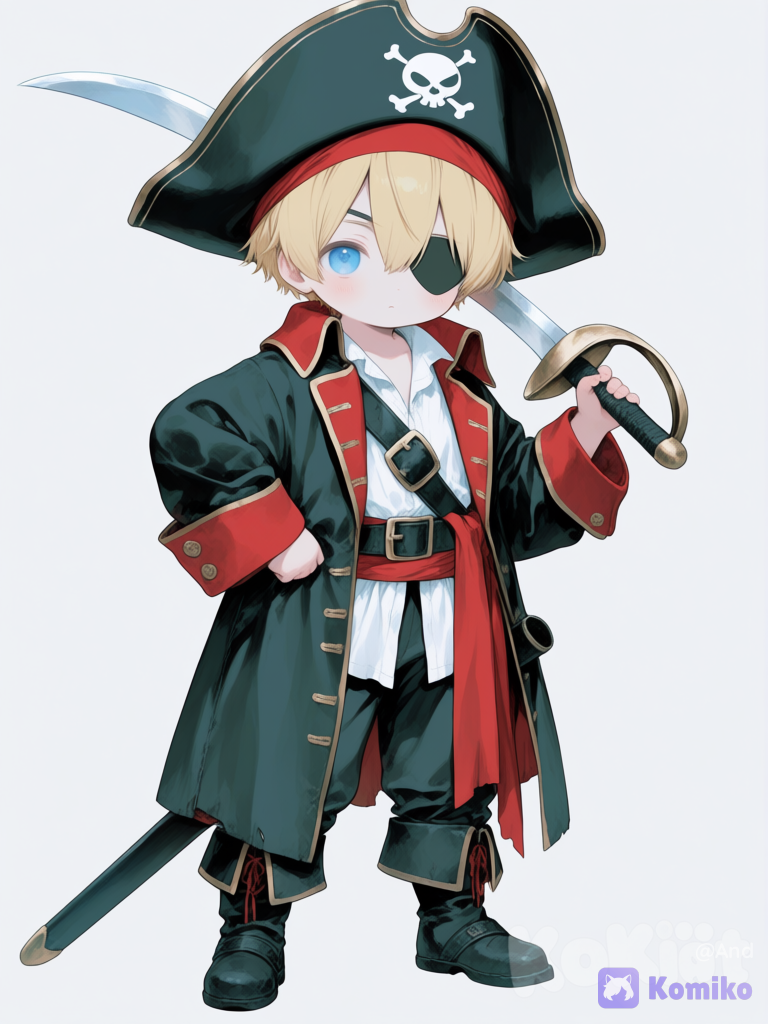 Un pequeño niño de unos 3 años rubio ojos azules, vestido de pirata con un parche en el ojo y una espada en su mano[sweet-pastel-style]
