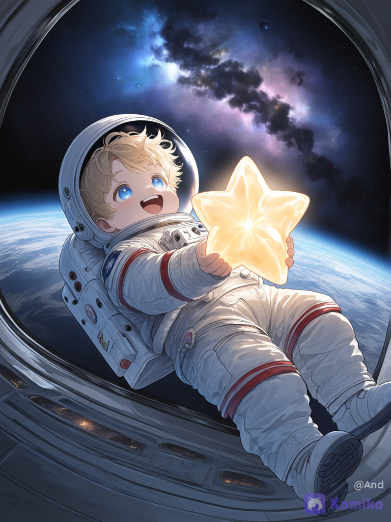 Un pequeño niño de unos 3 años rubio ojos azules, vestido de astronauta, jugando y riendo,flotando en el espacio,entre las manos pareciera tener una pequeña estrella y se ven algunos planetas a lo lejos, [ethereal-fantasy-style]
