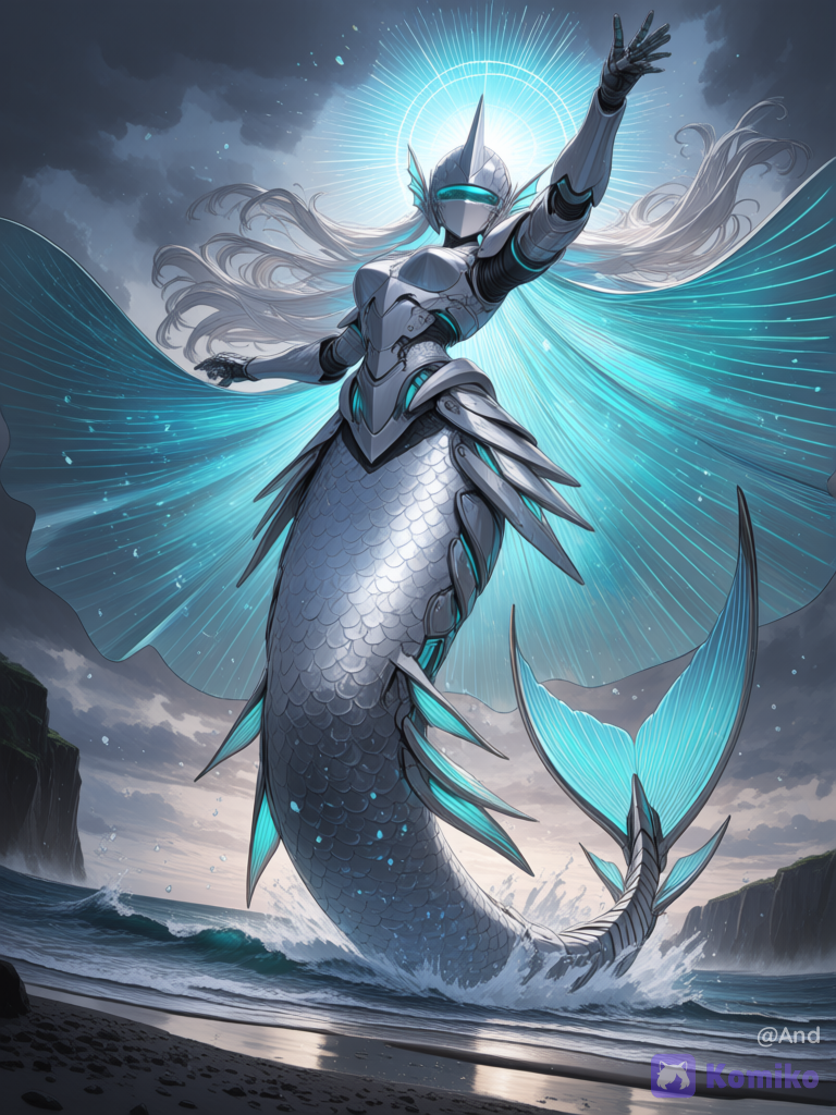 Epic cinematic low-angle full body shot of a colossal elegant female mermaid mecha robot standing in the ocean. She has a sleek pearlescent white and silver armored body covered in intricate fish-scale plating with glowing cyan and turquoise bioluminescent energy lines running through every segment. Helmet features a streamlined visor and large translucent fin-like crest extensions. Her long flowing cape is made of translucent cyan energy ribbons that look like water and seaweed. Lower body is a powerful articulated mechanical mermaid tail with large caudal fin, covered in the same glowing scale armor. Feminine powerful pose, one arm raised high, the other slightly extended. Standing in shallow crashing ocean waves on a rocky shore, misty coastal cliffs in the background, dramatic stormy sky with strong god rays breaking through dark clouds, floating bioluminescent particles and water droplets in the air. Hyper-photorealistic CGI, majestic and ethereal atmosphere, Pacific Rim meets Little Mermaid aesthetic, 8k, cinematic lighting, highly scales and energy effects, [ethereal-fantasy-style]