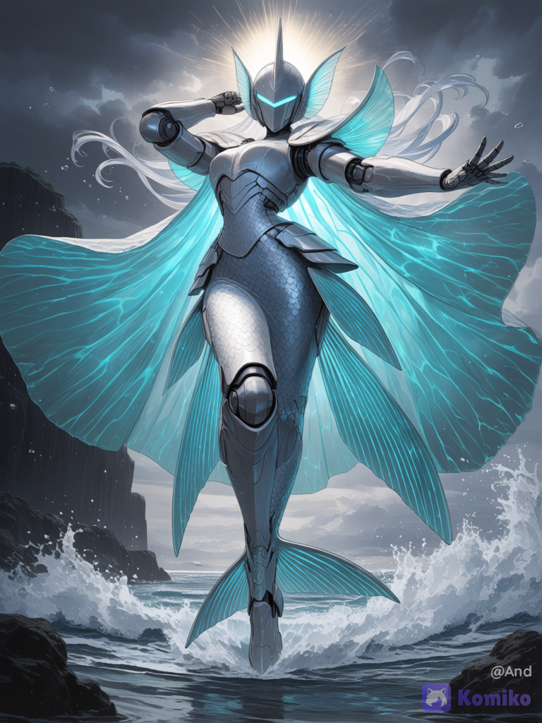Epic cinematic low-angle full body shot of a colossal elegant female mermaid mecha robot standing in the ocean. She has a sleek pearlescent white and silver armored body covered in intricate fish-scale plating with glowing cyan and turquoise bioluminescent energy lines running through every segment. Helmet features a streamlined visor and large translucent fin-like crest extensions. Her long flowing cape is made of translucent cyan energy ribbons that look like water and seaweed. Lower body is a powerful articulated mechanical mermaid tail with large caudal fin, covered in the same glowing scale armor. Feminine powerful pose, one arm raised high, the other slightly extended. Standing in shallow crashing ocean waves on a rocky shore, misty coastal cliffs in the background, dramatic stormy sky with strong god rays breaking through dark clouds, floating bioluminescent particles and water droplets in the air. Hyper-photorealistic CGI, majestic and ethereal atmosphere, Pacific Rim meets Little Mermaid aesthetic, 8k, cinematic lighting, highly scales and energy effects, [ethereal-fantasy-style]