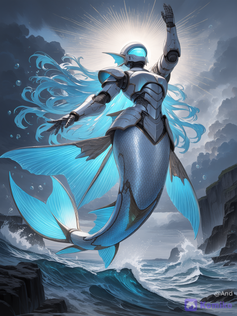 Epic cinematic low-angle full body shot of a colossal elegant female mermaid mecha robot standing in the ocean. She has a sleek pearlescent white and silver armored body covered in intricate fish-scale plating with glowing cyan and turquoise bioluminescent energy lines running through every segment. Helmet features a streamlined visor and large translucent fin-like crest extensions. Her long flowing cape is made of translucent cyan energy ribbons that look like water and seaweed. Lower body is a powerful articulated mechanical mermaid tail with large caudal fin, covered in the same glowing scale armor. Feminine powerful pose, one arm raised high, the other slightly extended. Standing in shallow crashing ocean waves on a rocky shore, misty coastal cliffs in the background, dramatic stormy sky with strong god rays breaking through dark clouds, floating bioluminescent particles and water droplets in the air. Hyper-photorealistic CGI, majestic and ethereal atmosphere, Pacific Rim meets Little Mermaid aesthetic, 8k, cinematic lighting, highly scales and energy effects, [ethereal-fantasy-style]
