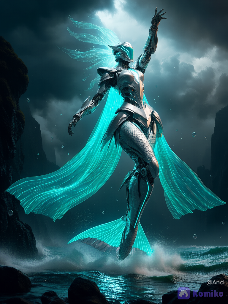 Epic cinematic low-angle full body shot of a colossal elegant female mermaid mecha robot standing in the ocean. She has a sleek pearlescent white and silver armored body covered in intricate fish-scale plating with glowing cyan and turquoise bioluminescent energy lines running through every segment. Helmet features a streamlined visor and large translucent fin-like crest extensions. Her long flowing cape is made of translucent cyan energy ribbons that look like water and seaweed. Lower body is a powerful articulated mechanical mermaid tail with large caudal fin, covered in the same glowing scale armor. Feminine powerful pose, one arm raised high, the other slightly extended. Standing in shallow crashing ocean waves on a rocky shore, misty coastal cliffs in the background, dramatic stormy sky with strong god rays breaking through dark clouds, floating bioluminescent particles and water droplets in the air. Hyper-photorealistic CGI, majestic and ethereal atmosphere, Pacific Rim meets Little Mermaid aesthetic, 8k, cinematic lighting, highly scales and energy effects