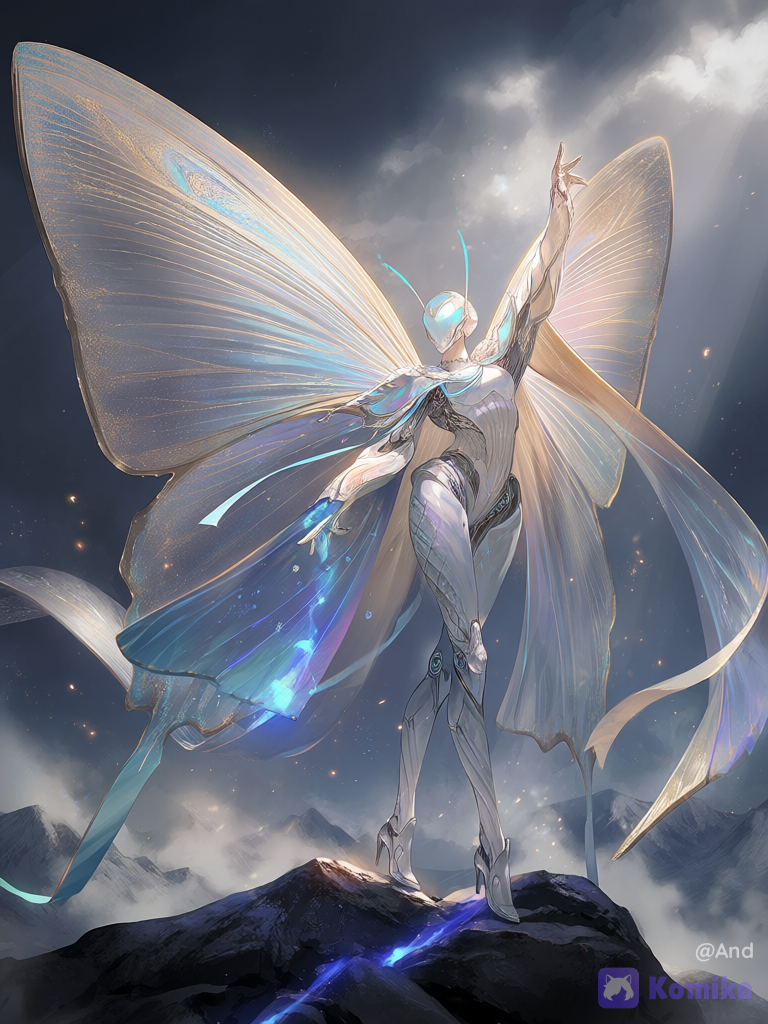 Epic cinematic low-angle full body shot of a colossal elegant female butterfly mecha robot. Sleek pearlescent white and iridescent armor with intricate scale-like plating that mimics butterfly wing patterns, glowing cyan, violet and soft gold energy lines flowing like wing veins. Large magnificent mechanical butterfly wings spread wide from her back, translucent and with glowing vein patterns and delicate membrane textures. Helmet features elegant antennae-like crests and a streamlined visor. Long flowing cape made of translucent iridescent ribbons that resemble butterfly wing fragments. Feminine powerful yet graceful pose, one arm raised high, standing tall. Lower body with elegant armored legs ending in pointed heel-like feet. Dramatic misty mountain landscape with floating glowing particles, soft volumetric light rays breaking through cloudy sky, ethereal atmosphere. Hyper-photorealistic CGI, majestic and delicate at the same time, Pacific Rim meets fantasy butterfly aesthetic, 8k, cinematic lighting, highly wings and energy effects, [vivid-semi-realistic-style]