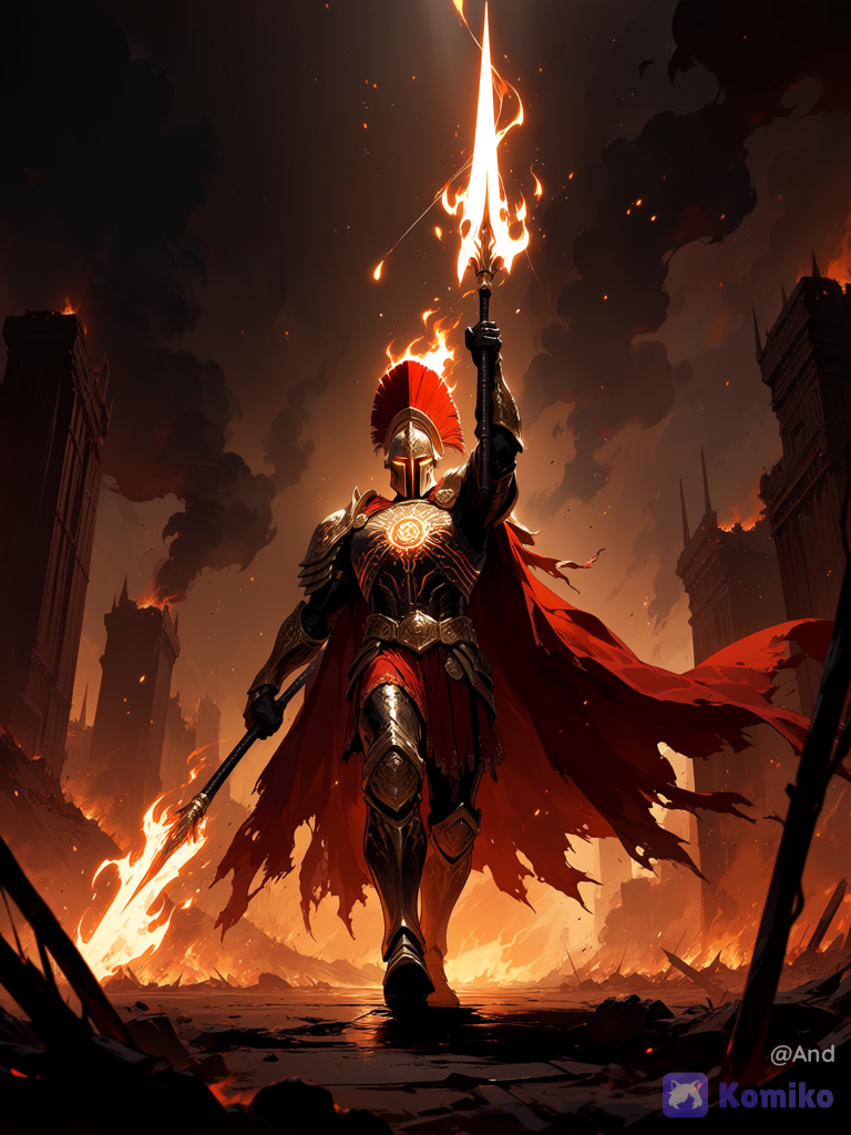 Un colosal guerrero acorazado de estilo espartano-futurista se alza imponente ante las ruinas de una ciudad antigua en llamas. Su armadura negra y dorada brilla con un intenso resplandor anaranjado-rojo, como si estuviera forjada en magma o energía viva. El casco corintio clásico cubre completamente el rostro, dejando solo dos ojos brillantes de un naranja ardiente que parecen mirar directamente al espectador. Una larga cresta de plumas o crin roja flamea detrás del casco, desintegrándose parcialmente en partículas de energía o sangre.
El titán sostiene una lanza gigantesca en su mano derecha, elevada hacia el cielo; la punta de la lanza arde con un fuego blanco-anaranjado intenso. Su capa roja ondea violentamente a su espalda, rota y desgarrada por el combate. La armadura cubre todo el torso y los brazos con placas ornamentadas que emiten un brillo interno, y se distingue un cinturón o faja con detalles metálicos.