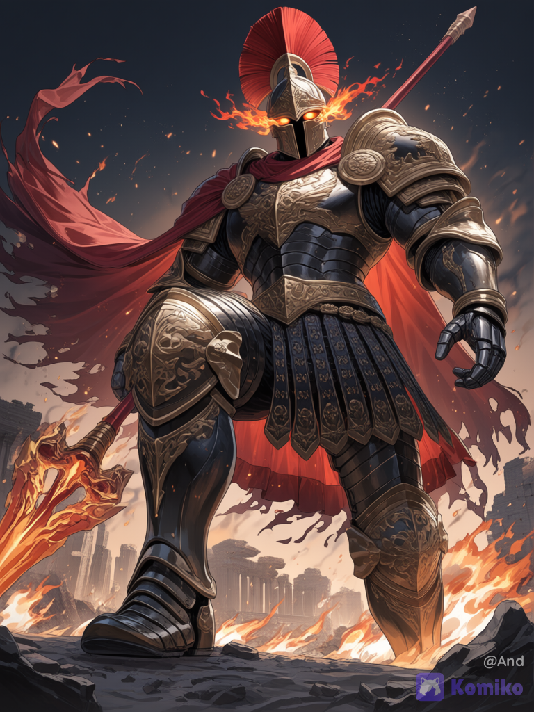 Un colosal guerrero acorazado de estilo espartano-futurista se alza imponente ante las ruinas de una ciudad antigua en llamas. Su armadura negra y dorada brilla con un intenso resplandor anaranjado-rojo, como si estuviera forjada en magma o energía viva. El casco corintio clásico cubre completamente el rostro, dejando solo dos ojos brillantes de un naranja ardiente que parecen mirar directamente al espectador. Una larga cresta de plumas o crin roja flamea detrás del casco, desintegrándose parcialmente en partículas de energía o sangre.
El titán sostiene una lanza gigantesca en su mano derecha, elevada hacia el cielo; la punta de la lanza arde con un fuego blanco-anaranjado intenso. Su capa roja ondea violentamente a su espalda, rota y desgarrada por el combate. La armadura cubre todo el torso y los brazos con placas ornamentadas que emiten un brillo interno, y se distingue un cinturón o faja con detalles metálicos., [ethereal-fantasy-style]