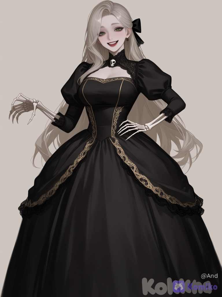 con un tono de piel un poco más pálida,viste un traje colonial,un vestido colonial con mucho volumen y encaje( catrina) de color negro con detalles dorados, muestra sus manos son de esqueleto, recuerda no modifiques el color de cabello de, @kora-jKHt, mantén su color y largo del cabello, de igual manera el color de los ijos, [silky-radiance-style]