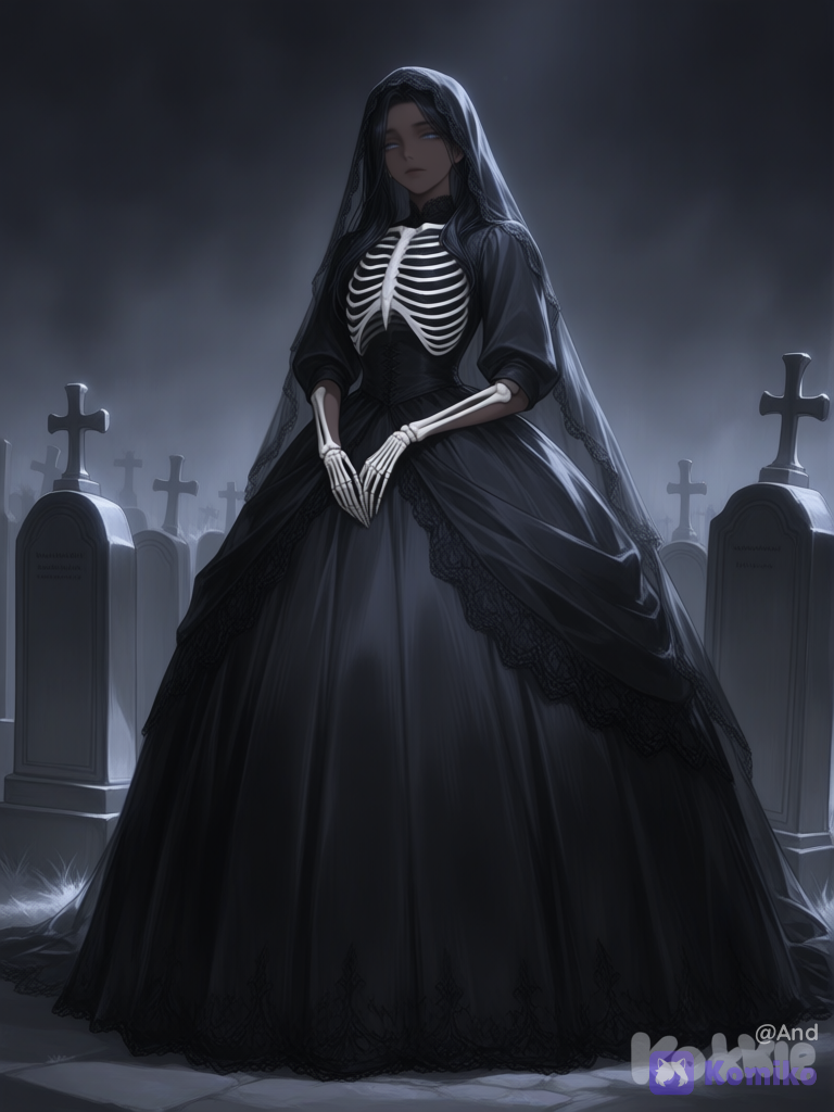con un tono de piel un poco más pálida,viste un traje colonial,un vestido colonial con mucho volumen y encaje( catrina) de color negro con detalles dorados, muestra sus manos son de esqueleto, recuerda no modifiques el color de cabello de, @kora-jKHt, mantén su color y largo del cabello, de igual manera el color de los ojos, [silky-radiance-style], lleva puesto un velo delgado que cubre parcialmente su cara, un fondo fúnebre, con tumbas
