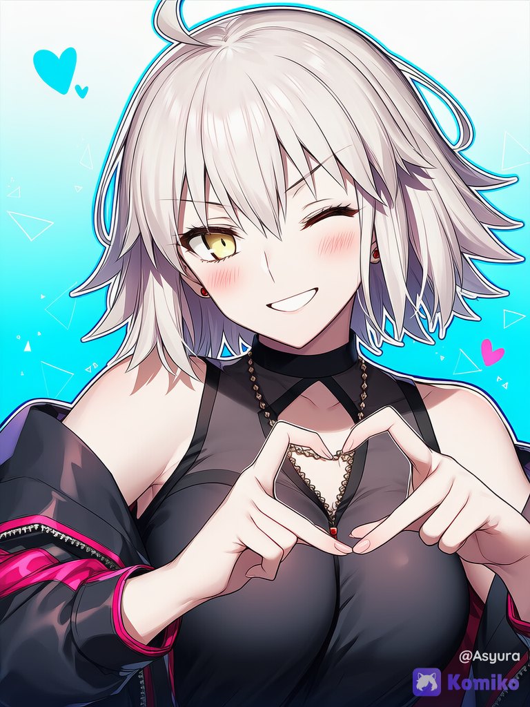 jeanne d'arc alter (fate), [soft-manga-pop-style], heart hands, one eye closed, smile, blush, neon jacket, upper body, gradient background