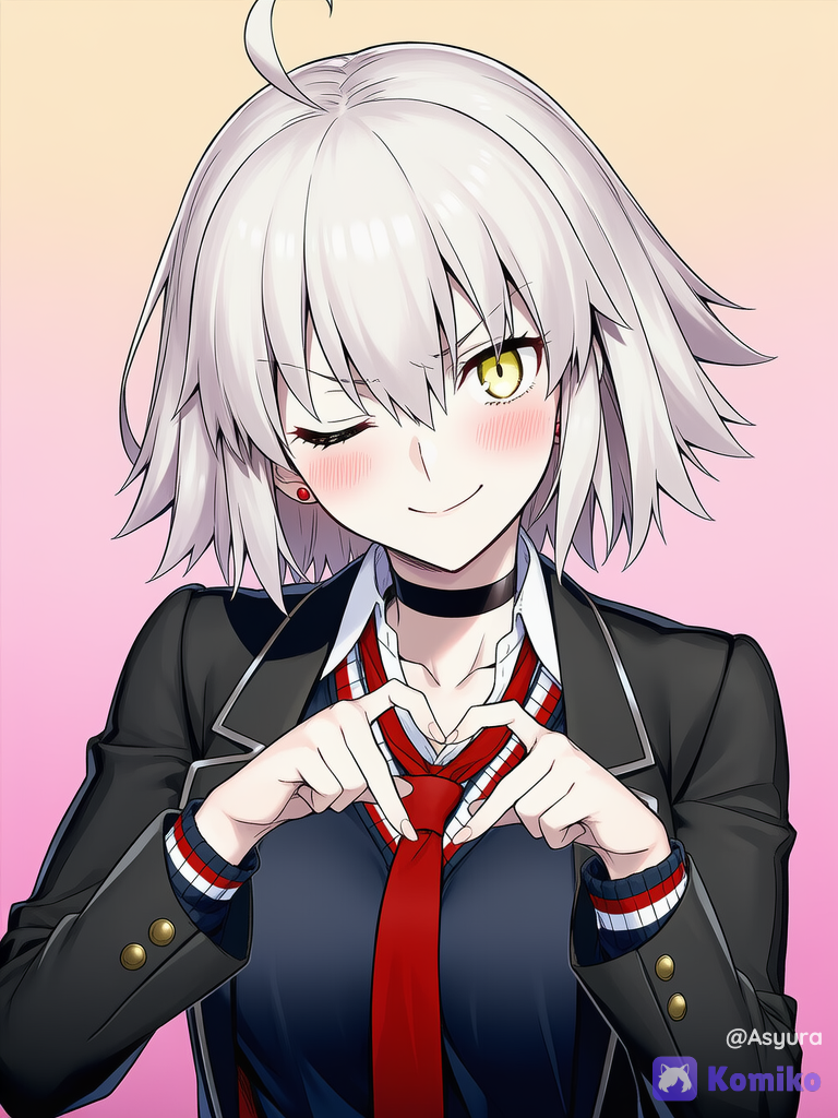 jeanne d'arc alter (fate), [soft-manga-pop-style], heart hands, one eye closed, smile, blush, jacket, upper body, gradient background