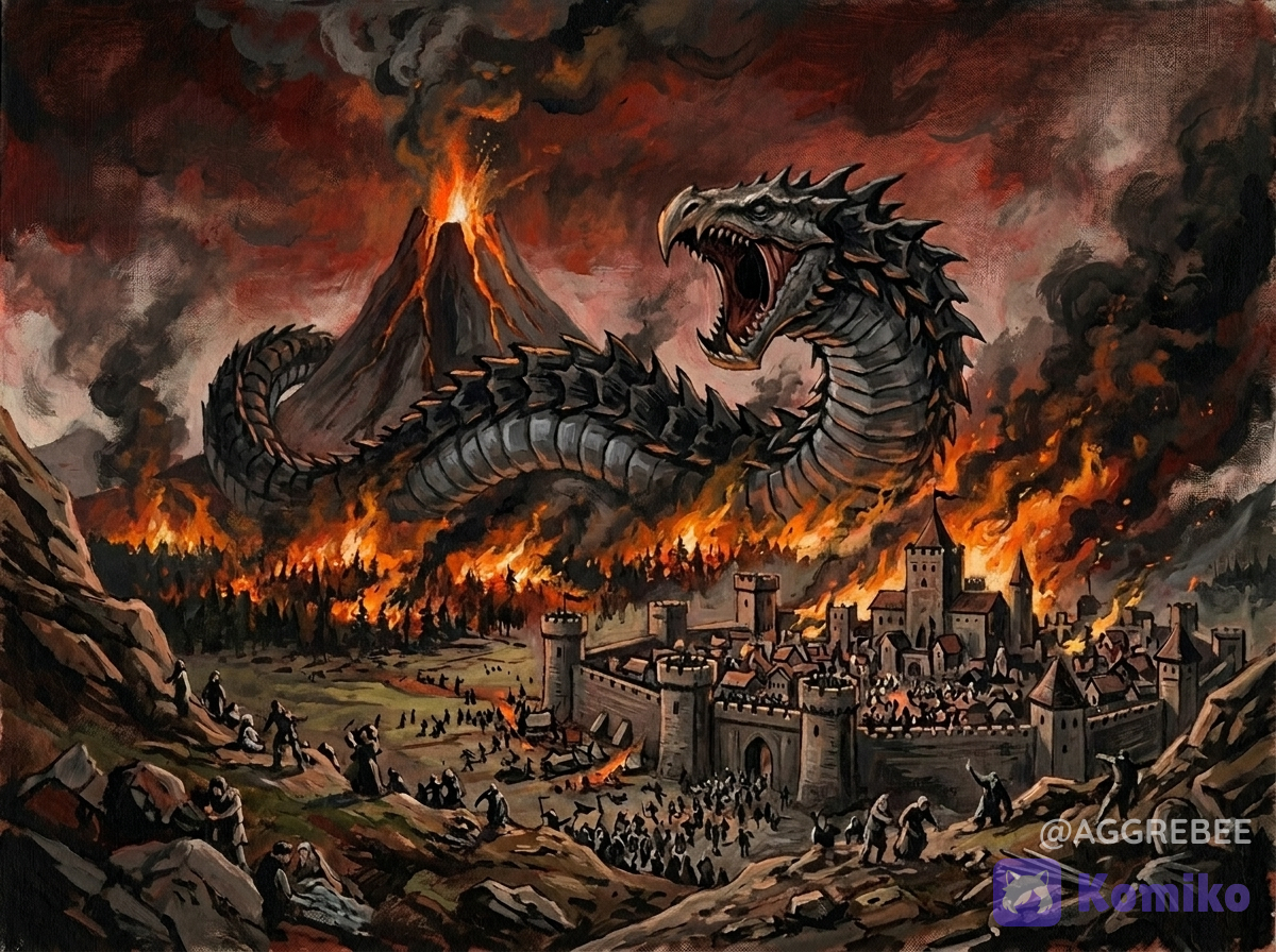 An gouache landscape painting with heavy canvas texture of a panicked medieval castle kingdom. In the background is a tall narrow erupting volcano, with an ancient massive, armored subterranean wurm coiled around it. The creature has a dark grey segmented underbelly, black spiky segmented plates along its back, and an huge roaring beak-like gaping mouth with a dark hollow interior. Burning forests surround the volcano, encroaching towards the kingdom. Bleak red sky filled with smoke and ash. Dynamic camera angle with foreshortening. Dark fantasy, haunting, atmospheric horror art style.