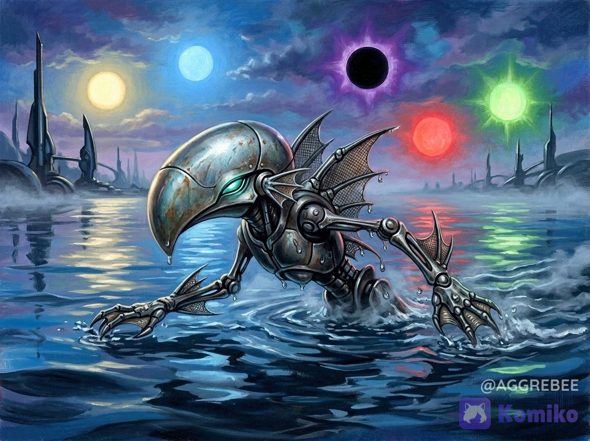 A small biomechanical creature, a Myr from Magic the Gathering, submerged halfway underwater as it swims stealthily. Featuring a smooth dome-shaped helmet head resembling a large curved bird beak, with a thin glowing teal slit-like eye. It has a slender compact humanoid robot torso made of segmented metallic plates, thin skeletal limbs with ball-and-socket joints, big three-clawed webbed hands, and large fins on its head, back and wrists. The metal surface is metallic silver with subtle patina tarnish. Swimming in a blue mirror-like quicksilver sea, with distant sleek metal spires, mist in the air. There are 5 suns positioned asymmetrically in the sky; a pale yellow sun, a blue sun, black sun with purple glow, red sun, and a green sun. Painted in a classic 90s fantasy gouache painting style, atmospheric cinematic lighting, rich oil and canvas textures.