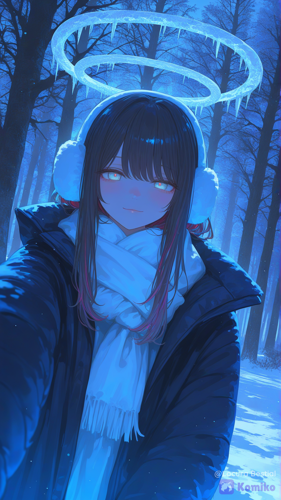 woman l with long brown hair and gray eyes, white earmuffs, white scarf, winter coat, taking a selfie in a snowy forest, soft smile, looking at the viewer, ice halo floating above her head, behind her a massive imposing dark demon-spectre standing tall among the trees, towering shadowy body, glowing eyes, long twisted limbs, clearly stalking her from the background, strong sense of threat and dread, cold blue lighting, snowy forest, the girl is unaware of the creature behind her, paranormal encounter, highly (), ultra-8k anime illustration, absurdres, score_9, score_8_up, score_7_up, extreme intricate details, rich textures, immaculate lineart, clean sharp lines, dramatic cinematic lighting, strong rim lighting, soft volumetric lighting, subtle god rays, delicate light particles, gentle glow, elegant atmosphere, depth of field, stunning composition, 2D fantasy animation aesthetic, bright beautiful fantasy atmosphere, illustration, refined lighting, controlled soft shadows, rich harmonious colors, crisp details, sharp focus, clean refined textures, polished rendering, material rendering, subtle metallic reflections, elegant highlights, balanced contrast, atmospheric depth, polished cinematic finish。, [sensual-glossy-style]