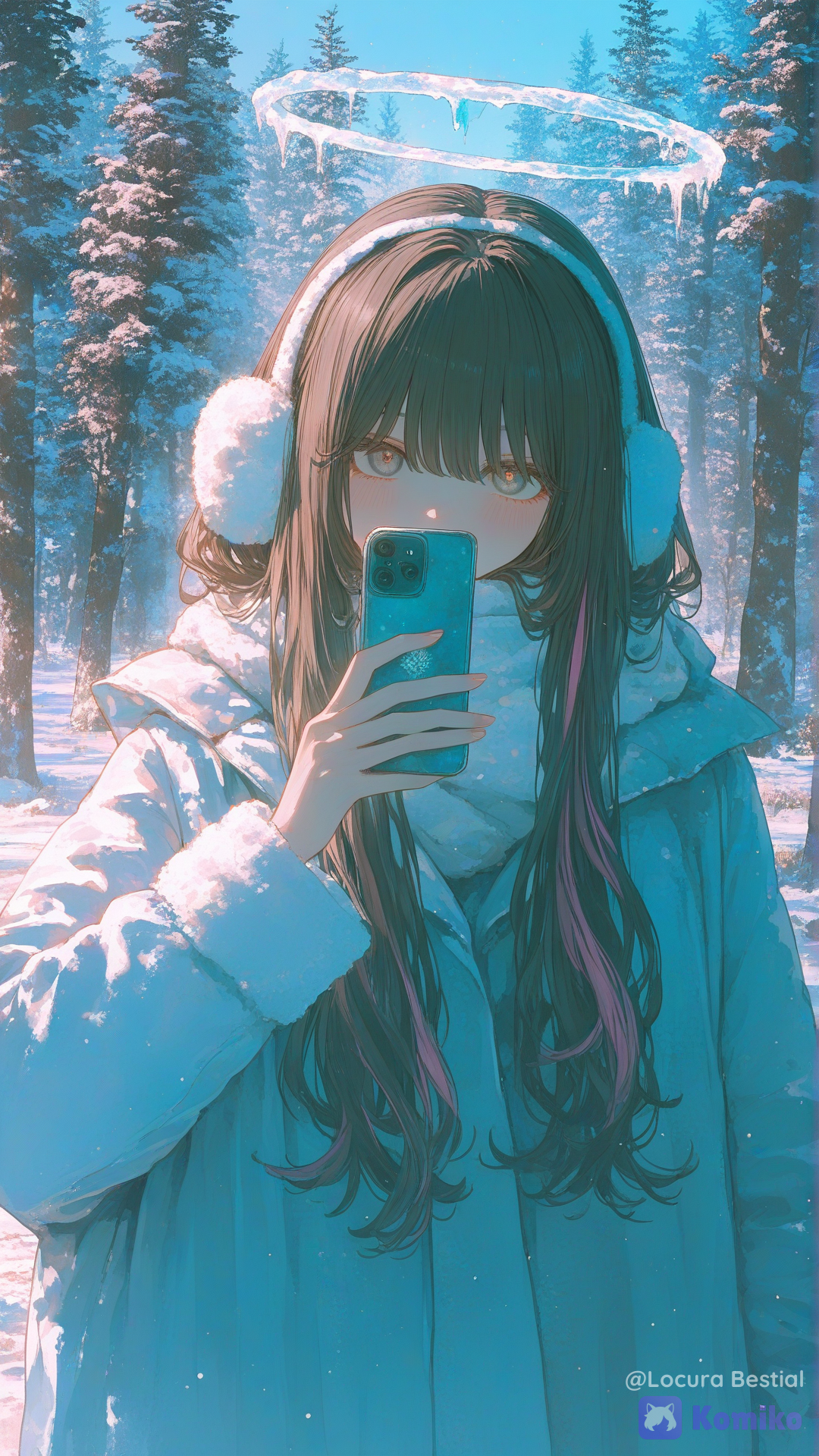 woman l with long brown hair and gray eyes, white earmuffs, white scarf, winter coat, taking a selfie in a snowy forest, soft smile, looking at the viewer, ice halo floating above her head, behind her a massive imposing dark demon-spectre standing tall among the trees, towering shadowy body, glowing eyes, long twisted limbs, clearly stalking her from the background, strong sense of threat and dread, cold blue lighting, snowy forest, the girl is unaware of the creature behind her, paranormal encounter, highly (), ultra-8k anime illustration, absurdres, score_9, score_8_up, score_7_up, extreme intricate details, rich textures, immaculate lineart, clean sharp lines, dramatic cinematic lighting, strong rim lighting, soft volumetric lighting, subtle god rays, delicate light particles, gentle glow, elegant atmosphere, depth of field, stunning composition, 2D fantasy animation aesthetic, bright beautiful fantasy atmosphere, illustration, refined lighting, controlled soft shadows, rich harmonious colors, crisp details, sharp focus, clean refined textures, polished rendering, material rendering, subtle metallic reflections, elegant highlights, balanced contrast, atmospheric depth, polished cinematic finish。, [sweet-painting-style]