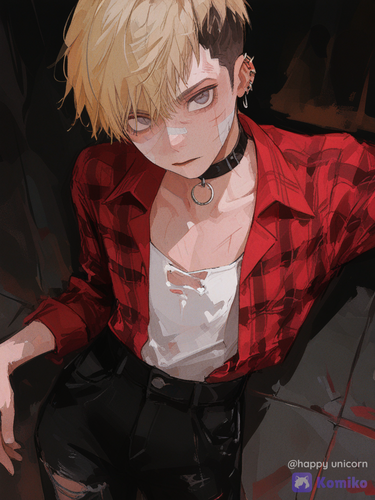 @jonathan-toi-i4rH, 1boy, male, short hair, pixie cut, blonde hair, undercut, white ripped shirt, red black ripped flannel shirt, black ripped jeans, defiant look, scratches on the face, plasters on the face, cute, big eyes, front view, cowboy shot, from above, [brushstroke-portrait-style]