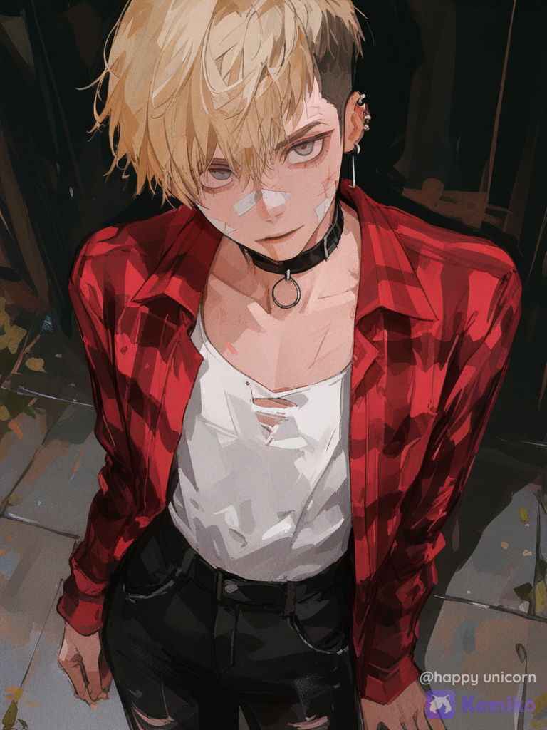 @jonathan-toi-i4rH, 1boy, male, short hair, pixie cut, blonde hair, undercut, white ripped shirt, oversized red black ripped flannel shirt, black ripped jeans, defiant look, scratches on the face, plasters on the face, cute, big eyes, front view, cowboy shot, from above, punk look, shows the finger to the viewer, [brushstroke-portrait-style]