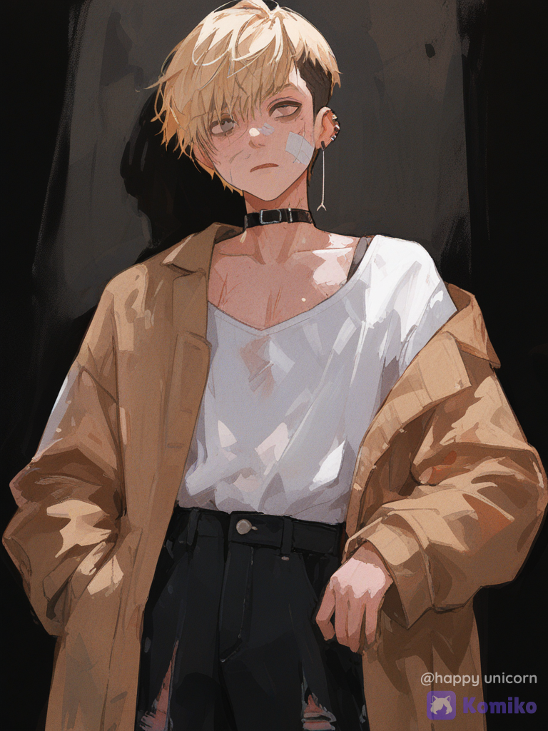 @jonathan-toi-i4rH, 1boy, teenager, male, short hair, pixie cut, blonde hair, undercut, white ripped shirt, oversized ripped college jacket, black ripped jeans, defiant look, scratches on the face, plasters on the face, cute, big eyes, front view, head shot, sad, empty eyes, [brushstroke-portrait-style]