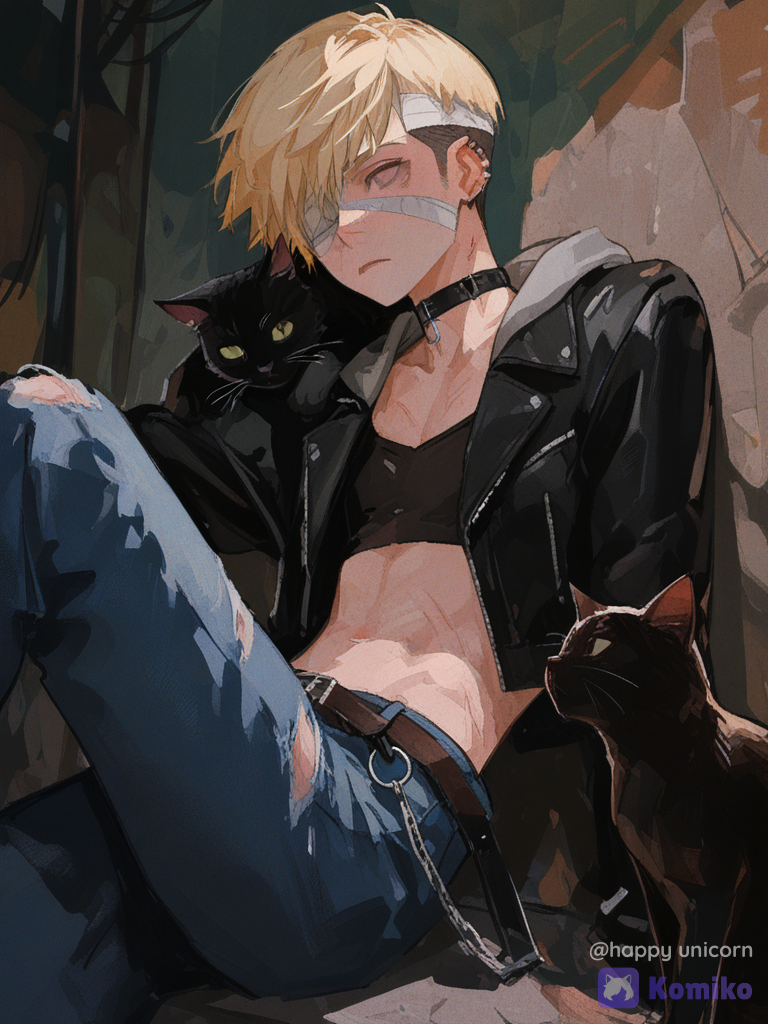 [brushstroke-portrait-style], @jonathan-toi-i4rH, pixie cut, big grey eyes, glassy look, hoodie, punk leather jacket, jeans, alley, bandage around head, bandage over eye, injured, bruises, scratches, snuggles with black cat, cat in his arms, sad, sit with one leg drawn up