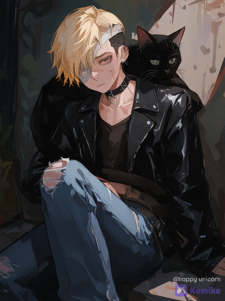 [brushstroke-portrait-style], @jonathan-toi-i4rH, pixie cut, big grey eyes, glassy look, hoodie, punk leather jacket, jeans, alley, bandage around head, bandage over eye, injured, bruises, scratches, snuggles with black cat, cat in his arms, sad, sit with one leg drawn up, stray cats