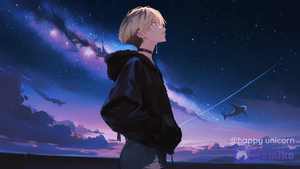 [brushstroke-portrait-style], 1boy, solo, @jonathan-toi-i4rH, pixie cut, standing, rear view, upper body, look up, sky full of stars, univers, galaxies, whales, whales in the sky, dark sky, purple clouds, Fokus on sky, leather stockings, ultra-wide shot, night, starry sky, wool fabric hoodie, ripped jeans, Character in the left corner of the picture