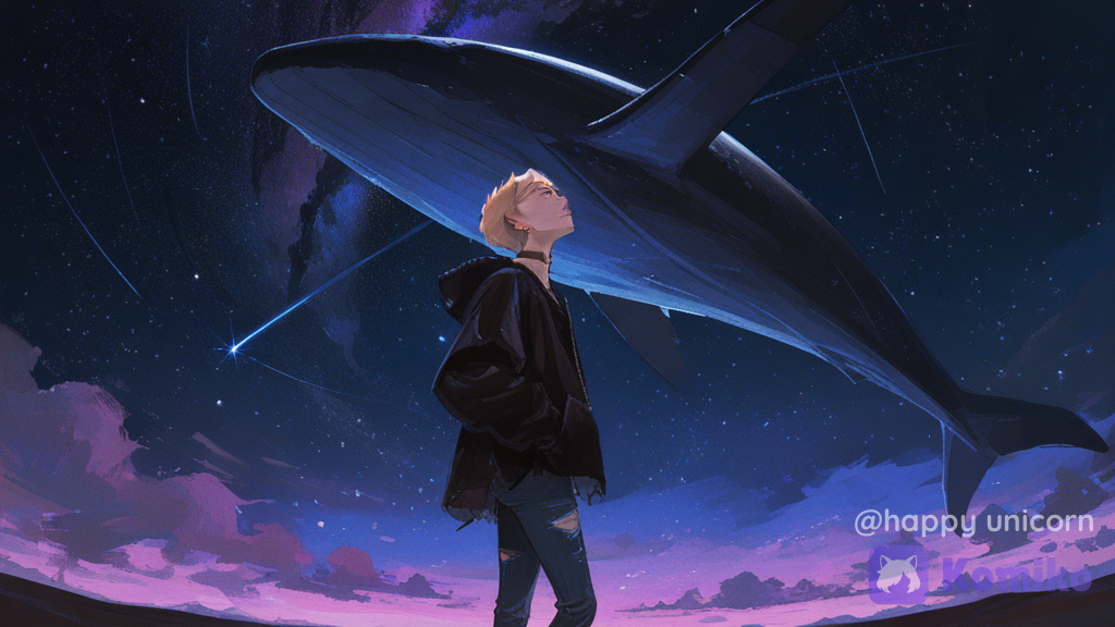 [brushstroke-portrait-style], 1boy, solo, @jonathan-toi-i4rH, pixie cut, standing, rear view, look up, sky full of stars, univers, galaxies, whales, whales in the sky, dark sky, purple clouds, Fokus on sky, leather stockings, ultra-wide shot, night, starry sky, wool fabric hoodie, ripped jeans, Character in the left corner of the picture, from below