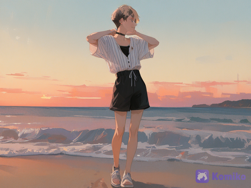 [brushstroke-portrait-style], @jonathan-toi-i4rH, big grey eyes, solo, 1boy, white striped shirt, black beach shorts, snap shot, looking to the sea, calm atmosphere, soft light, golden hour, soft smiling, hand in die neck, full body, wide shot, front profile photo
