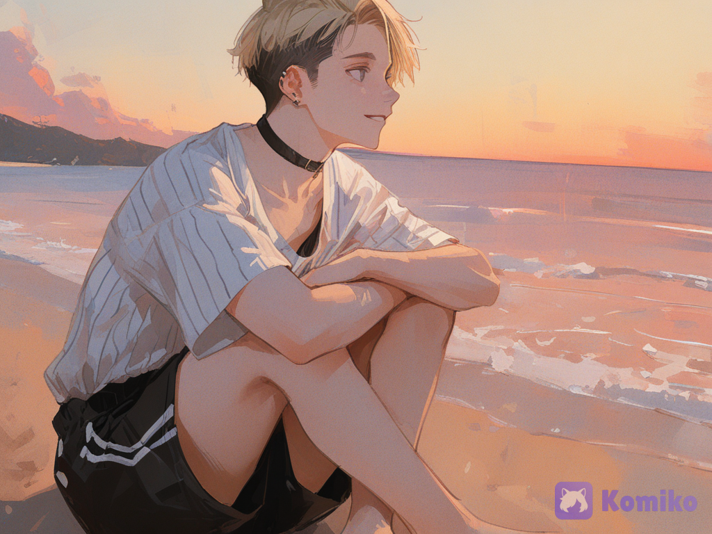 [brushstroke-portrait-style], @jonathan-toi-i4rH, big grey eyes, solo, 1boy, white striped shirt, black beach shorts, snap shot, calm atmosphere, soft light, golden hour, soft smiling, barefoot, playful, soft manly face, sits on the beach, looks out at the sea, arms on his knees