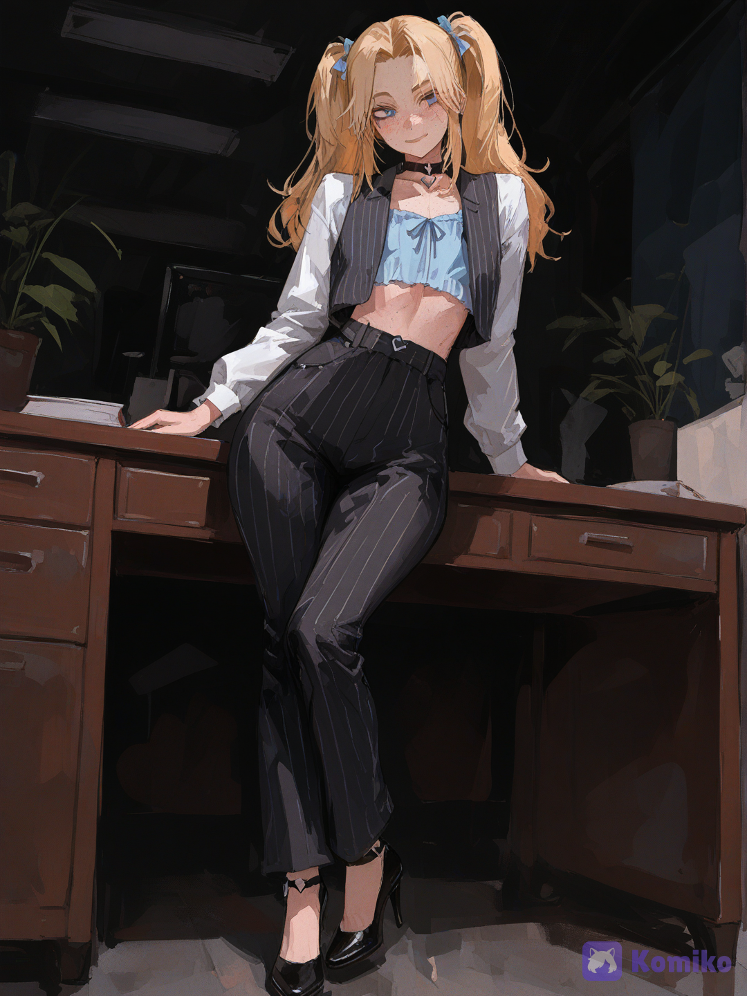 @cory-fBVV, [brushstroke-portrait-style], Pinstripe vest, crop top blouse, pinstripe suit pants, high waist pants, standig, soft smile, black heels, leaning against office desk