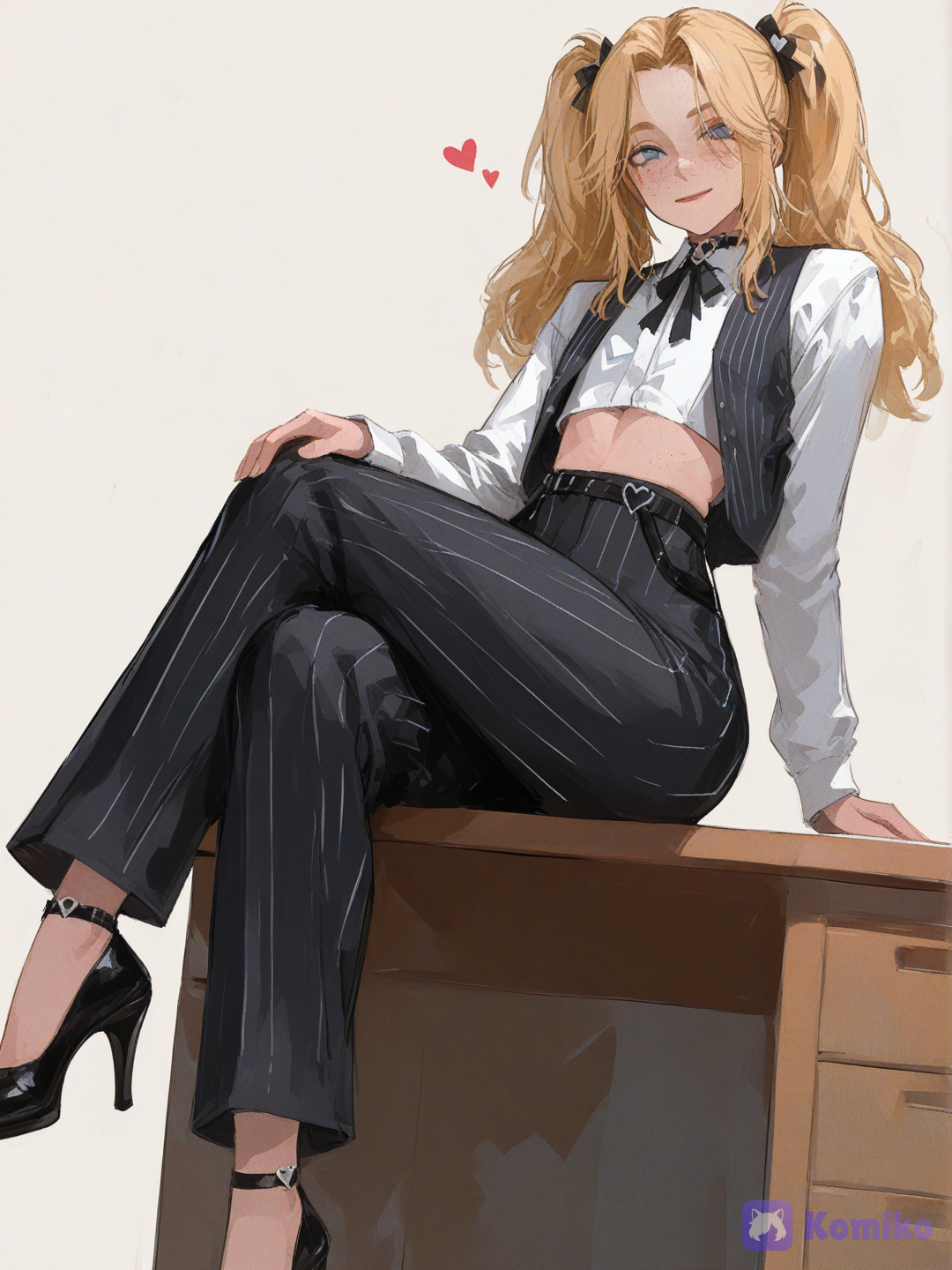 @cory-fBVV, [brushstroke-portrait-style], armless Pinstripe vest, armless white crop top blouse, pinstripe suit pants, high waist pants, soft smile, black heels, sitting on office desk